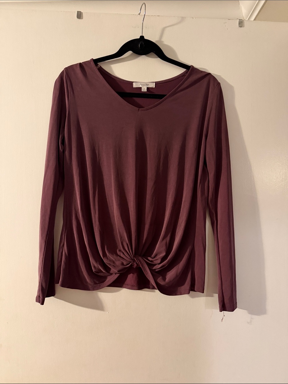 Active USA Plum Twist-Front Long Sleeve V-Neck Top